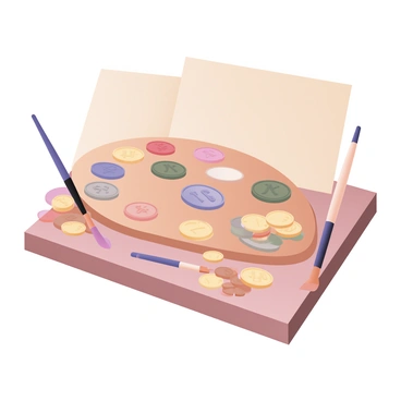 A digital flat illustration featuring a painter's palette resting on a wooden table. The palette is filled with various coins from different currencies instead of paint. The coins include shiny gold coins, silver coins, and colorful banknotes placed randomly across the palette. A few paintbrushes are scattered around the palette, with one brush dipped into a small pile of coins resembling copper pennies. The background consists of a textured canvas in soft beige tones, enhancing the focus on the palette and coins.