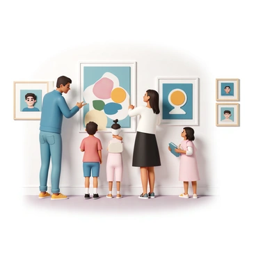 A family of four is standing in an art gallery, surrounded by various paintings on the walls. The father, wearing a blue shirt and jeans, is pointing at a colorful abstract painting with an intrigued look. The mother, dressed in a white blouse and black skirt, is leaning slightly forward with a smile, admiring the artwork. Their young son, wearing a red t-shirt and shorts, is gazing at a portrait, his eyes wide with curiosity. The daughter, in a pink dress and sandals, is holding a small sketchbook, looking up at her parents with excitement. The gallery has soft lighting, enhancing the vibrant colors of the paintings.