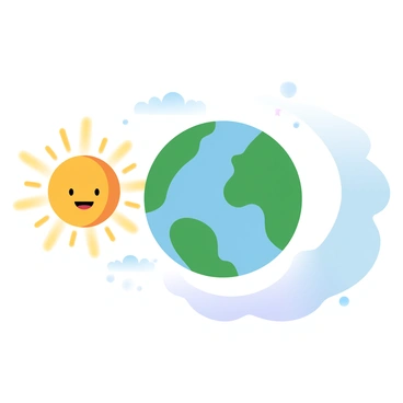 A detailed illustration of "Earth" in the center, with its vibrant blue oceans and green landmasses clearly visible. To the left, a large "smiling sun" emitting rays in a gradient of yellow and orange hues, casting a warm glow around it. On the right, a "crescent moon" with a soft silvery glow, partially illuminated, surrounded by gentle stars in a night sky. The overall composition balances the sun and moon against the backdrop of Earth, creating a harmonious celestial scene.