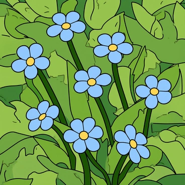 A close-up view of tiny blue forget-me-not flowers with delicate petals. The flowers are blooming among lush green leaves in a vibrant green patch of grass. Each flower features a distinct yellow center, adding a contrasting detail to the blue petals. The surrounding foliage is rich and fresh, highlighting the smallness of the flowers in this natural setting. The sunlight enhances the colors, creating a bright and lively atmosphere.