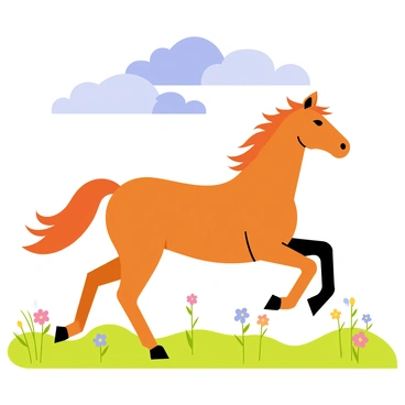 A horse galloping freely across an open field with its strong legs in mid-stride. The horse has a shiny chestnut coat and a flowing mane that dances in the wind. The open field is filled with green grass and dotted with colorful wildflowers swaying gently. A bright blue sky stretches overhead, with fluffy white clouds scattered throughout.