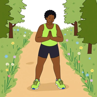 A runner with dark skin and short hair is wearing a bright green tank top and black running shorts. She is standing on a dirt trail, pausing in a relaxed position. The runner's hands are resting on her knees as she takes a moment for meditation. In the background, there are tall green trees and wildflowers in various colors along the sides of the path. The sunlight is filtering through the leaves, creating a warm and inviting atmosphere. A gentle breeze is rustling the grass nearby, enhancing the sense of tranquility in the scene.