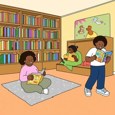 A cozy children's bookstore with wooden shelves filled with colorful picture books. The room is warmly lit, creating a welcoming atmosphere. Several children with different hair colors and styles are scattered throughout the store, each holding a picture book and smiling. One child with curly hair is sitting cross-legged on a soft, patterned rug, engrossed in a book with bright illustrations. Another child with pigtails is standing in front of a shelf, reaching up to grab a book with a vibrant cover. A small reading nook in the corner features plush cushions and a whimsical mural of animals reading books. The walls are adorned with cheerful artwork, enhancing the playful ambiance.