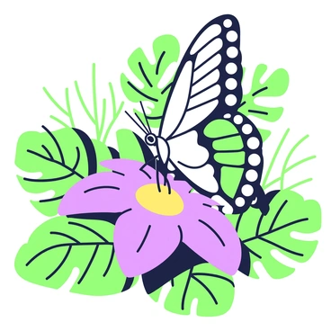 A large butterfly with intricate wing patterns is resting on a vibrant flower in a tropical setting. The butterfly has prominent green and purple markings on its wings. The flower beneath it is lush and features broad petals. Surrounding the flower, a variety of tropical leaves create a dense backdrop. Sunlight filters through the foliage, casting soft shadows around the scene.