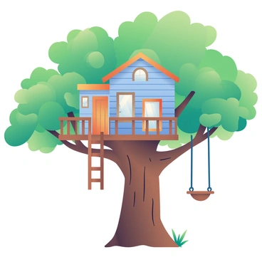 A treehouse is built high up in a large oak tree, showcasing its wooden structure with a balcony extending outwards. The treehouse walls are painted in a soft blue color, and there are small windows with white shutters. A sturdy wooden ladder leads up to the entrance, while a rope swing hangs from a thick branch of the tree, swaying gently. The oak tree has a thick trunk with rough bark, and its green leaves create a lush canopy around the treehouse, filtering sunlight and casting dappled shadows on the ground below.