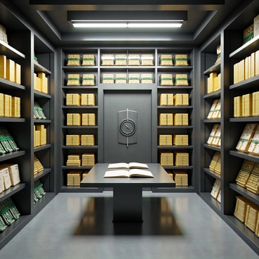 The interior of a massive bank vault with steel walls and a reinforced door. The floor is made of polished concrete, reflecting the bright overhead lights. Shelves are filled with secured treasures, including gold bars stacked neatly, glittering in the light. There are ancient coins displayed in glass cases beside bundles of cash tied with green bands, all meticulously organized. Various documents are stored in fireproof boxes, labeled clearly for easy identification. A large steel table in the center holds more valuable artifacts and an open ledger.
