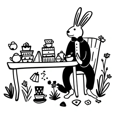 A March Hare is depicted in a whimsical pose, wearing a long, tattered coat and a large bow tie. The character is seated at a mismatched table adorned with an array of tea cups and saucers, some with intricate designs. Around the hare, there are stacks of teapots and a half-eaten slice of cake, with scattered playing cards on the ground. Various wildflowers and grasses surround the scene, adding to the whimsical atmosphere. The background features a lopsided fence and a few trees, contributing to the playful setting.