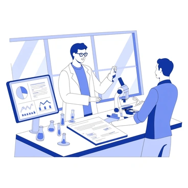 Two researchers are collaborating on a project in a well-equipped laboratory. One researcher is wearing a white lab coat and has glasses, while the other is dressed in a blue shirt with rolled-up sleeves. They are standing beside a large workbench filled with various scientific equipment, including beakers, test tubes, and a microscope. A digital display screen in the background shows data graphs and research information. Daylight streams through large windows, illuminating the laboratory and creating a focused environment for their work. The researchers are engaged in discussion, pointing at a document spread out on the bench.