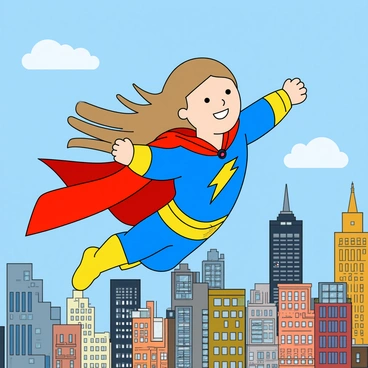 A young girl superhero with light brown hair flowing behind her is soaring high above a vibrant cityscape. She wears a bright blue costume with a yellow lightning bolt symbol on her chest. Her red cape is billowing dramatically in the wind as she flies. Below her, the city is filled with colorful skyscrapers, some with large windows reflecting the sunlight. In the distance, there are fluffy white clouds dotting the blue sky, adding to the sense of height and adventure. The girl's expression is one of determination and excitement as she patrols her city.