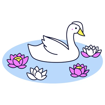 A white swan swimming smoothly in a clear pond. The swan has an elegant neck and soft feathers that glisten in the sunlight. The pond is filled with vibrant pink and white water lilies, their round leaves floating on the surface. Some water lilies have open petals, while others are still closed. The water is calm, reflecting the colors of the flowers around it.