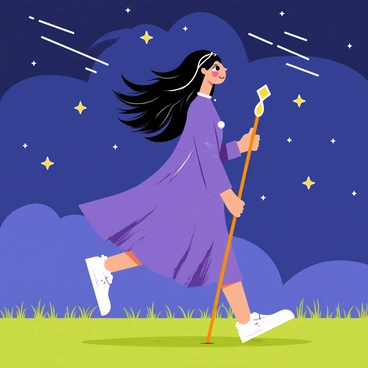 A witch dressed in a flowing purple robe with silver accents walks gracefully across a grassy field. Her long, dark hair billows in the gentle night breeze as she moves. The sky is filled with numerous bright shooting stars streaking across a deep blue background, illuminating her path. The witch carries a wooden staff topped with a glowing crystal that emits a soft light. Small, glowing orbs float around her, adding to the enchanting atmosphere of the scene.
