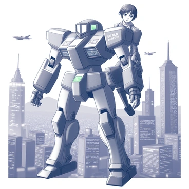 An anime character is seated inside the cockpit of a giant robotic mech. The character has distinctive features, including large expressive eyes and styled hair, wearing a high-tech suit that complements the mech's design. The mech stands tall against a backdrop of a futuristic cityscape filled with towering skyscrapers, glowing neon signs, and flying vehicles. The cockpit is filled with various control panels, screens displaying data, and blinking lights. The city below is bustling with activity, showcasing advanced architecture and technology. The mech's metallic surface reflects the environment, adding depth to the scene.