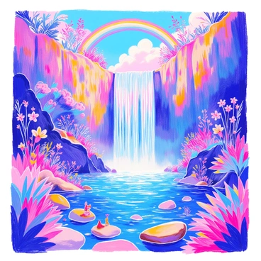 A majestic waterfall cascades down from a towering cliff in a vibrant fantasy realm. The water flows in brilliant plasma streams, glowing with shades of blue, purple, and pink. Surrounding the waterfall are lush, iridescent plants and fantastical flowers, their colors contrasting with the luminous water. A rainbow arcs across the sky, its bright colors reflecting in the plasma streams. In the foreground, smooth stones are partially submerged in a tranquil pool that collects the flowing plasma, creating mesmerizing ripples. Small creatures can be seen playing near the water's edge, adding life to the enchanting scene.