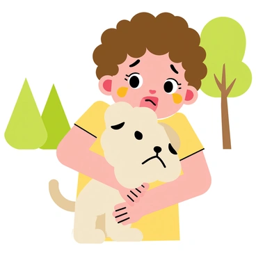 A child with curly brown hair has "crying eyes" filled with tears. They are holding a small, fluffy "sad puppy" with droopy ears and a frown. The child and the puppy both have "heartbroken" expressions, conveying a sense of sorrow. The child's arms are wrapped gently around the puppy, creating a sense of closeness and warmth despite their shared sadness. The background features an out-of-focus green park, adding a touch of nature to the scene.