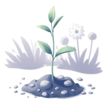 A young almond sapling emerging from the rich, dark soil in a garden. The sapling has slender, delicate green leaves sprouting upward. Surrounding the base of the sapling, there are small pebbles and patches of soft earth. In the background, there are blurred outlines of larger plants and flowers, creating an impression of a thriving garden environment. The sapling stands upright, showcasing its potential for growth and vitality.