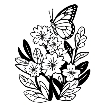 A close-up view of a butterfly perched delicately on a flowering bush. The butterfly has intricate wing patterns that showcase various designs. The flowering bush is abundant with blooms, each petal detailed and textured. Surrounding the butterfly, the leaves of the bush feature a mix of sizes and shapes, creating a lush backdrop. The composition highlights the butterfly’s delicate form against the vibrant details of the flowers and foliage.