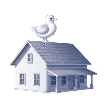 A brave chick standing proudly on the peaked roof of a farmhouse