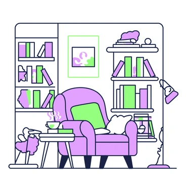A reading nook is set up in a warm corner of a room. In the center, there is a comfy chair with plush cushions, upholstered in a rich fabric. Next to the chair, a small wooden side table holds a steaming cup of tea, with wisps of steam rising gently from it. Surrounding the nook, there are tall shelves filled with books, some stacked horizontally and others standing upright. A soft throw blanket is draped over the arm of the chair. A small lamp on the side table casts a warm glow over the scene, creating an inviting atmosphere.