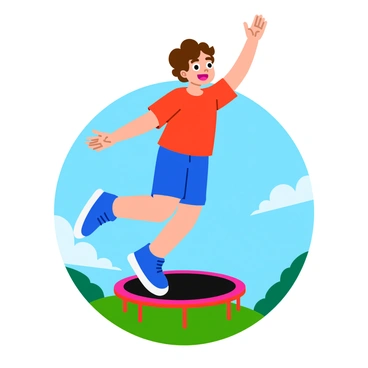 A child jumping on a trampoline, captured mid-air during free fall before bouncing back up.