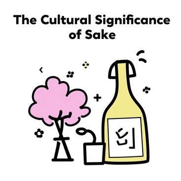 A minimalistic drawing illustrating a sake bottle, with a traditional Japanese design, placed beside a small cup. In the background, there is a sketch of a cherry blossom tree, representing Japanese culture. Scattered around the bottle are symbols like a torii gate and a rice plant, highlighting the connection to nature and tradition. Above the bottle, the phrase "The Cultural Significance of Sake" is displayed in bold, simple lettering. The overall composition emphasizes the importance of sake in Japanese customs and celebrations.