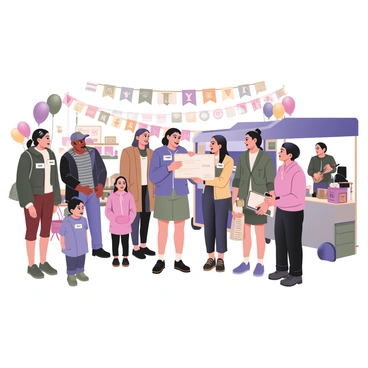 A digital flat illustration depicting a lively charity event organized by local businesses. In the foreground, a group of diverse business owners stands together, smiling and engaged in conversation. Each owner is wearing a name tag representing their business. To the left, a woman with dark hair in a ponytail is presenting a large check to a community leader, who looks pleased. There are colorful banners hanging overhead that say "Community Charity Event." 

In the background, various stalls display items for sale, like handmade crafts, baked goods, and local produce. A family with two children is browsing one of the stalls, while a musician with a guitar is performing on a small stage. Tables and chairs are arranged for attendees to relax, and a food truck is parked nearby offering various snacks. Balloons in bright colors fill the scene, enhancing the festive atmosphere.