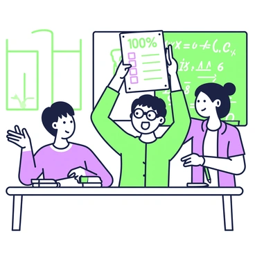 A classroom scene is set with students sitting at their desks. At the front, a student with glasses is holding up a test paper displaying the score "100%". This student has a big smile and is surrounded by classmates. In the foreground, another student with a worried expression is sitting at their desk, looking towards the student with the perfect score. This student has a pencil in hand and papers scattered on their desk. The classroom has windows on one side, letting in light. Desks are arranged in neat rows, and a chalkboard is visible in the background with various math equations written on it.