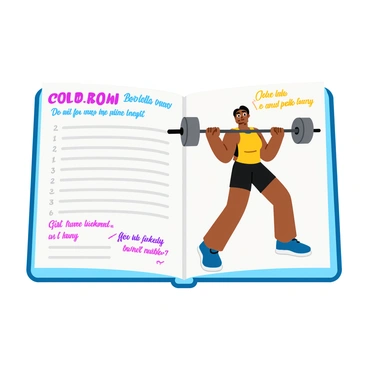 A fitness diary page featuring a detailed sketch of a person performing barbell rows. The individual is depicted with a focused expression, bent over with slightly bent knees, and gripping a barbell with both hands. The person's muscles are well-defined, showcasing their effort in the exercise. Beside the sketch, there are neatly written progress notes, with bullet points highlighting achievements, workout dates, and weight lifted. The overall layout of the page includes motivational quotes in decorative fonts, enhancing the theme of fitness and personal growth.