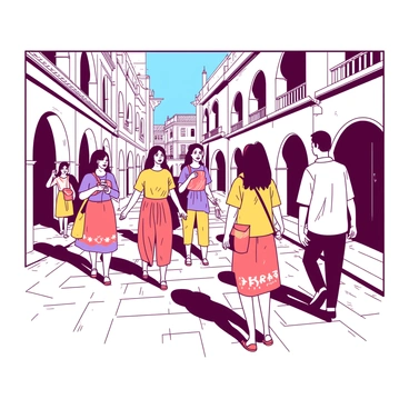 A guided heritage walk features a group of tourists strolling through a historic district. The tourists are dressed in modern interpretations of "Filipiniana," showcasing vibrant colors and contemporary designs. In the background, there are well-preserved colonial-era buildings with intricate architectural details, such as arched windows and decorative balustrades. The group is engaged in conversation, with some tourists taking photos of the surroundings. Sunlight casts interesting shadows on the cobblestone streets, adding to the atmosphere of the historical setting.