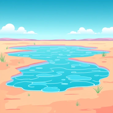 A shimmering mirage manifests, resembling rippling water on the hot desert horizon. The ground is sandy and golden, with small, intricate patterns formed by the wind. Above the horizon, the sky is a vibrant blue, dotted with a few fluffy white clouds. The mirage glimmers in the intense sunlight, creating an illusion of a tranquil oasis with swirling reflections. Sparse tufts of dry grass pepper the landscape, highlighting the stark contrast between the shimmering illusion and the arid surroundings.