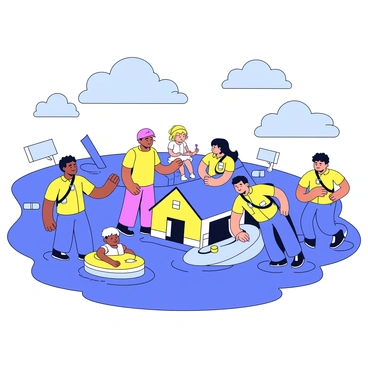 A group of rescue team members wearing bright yellow jackets is assisting people in a flooded area after a cyclone. The team members are using ropes and flotation devices to help individuals navigate through the water. Some team members are checking on a family sitting on the roof of a small house, while others are helping an elderly person get to safety. The scene is filled with debris scattered around, and gray clouds remain in the sky.