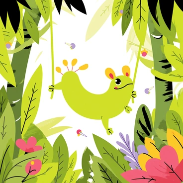 A grenouille with bright green skin is swinging from thick, twisting vines in a dense, vibrant jungle. The jungle is filled with tall, lush trees with broad leaves, creating a thick canopy overhead. Colorful flowers in shades of red, yellow, and purple peek through the greenery. Various shades of green foliage surround the grenouille, and small birds with vibrant feathers flit between the branches. Sunlight filters through the leaves, casting playful shadows on the ground below.