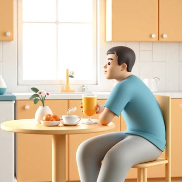 A cozy kitchen with warm wooden cabinets and a white tiled backsplash. A large window lets in soft morning light, illuminating the space. An individual, wearing a blue t-shirt and gray sweatpants, is sitting at a round wooden table. They are holding a tall glass of orange juice, looking content while gazing out the window. A bowl of fresh oranges is placed on the table, and a small vase with a single flower adds a touch of color. A steaming cup of coffee sits next to the glass of juice.