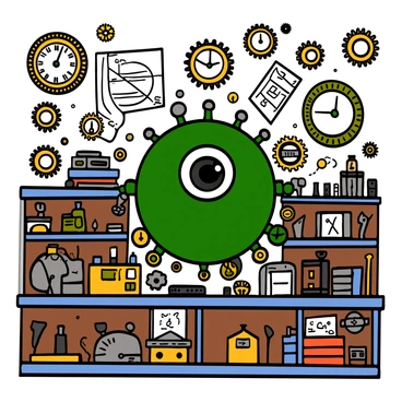 A beholder with a round, bulbous body, large central eye, and multiple smaller eye stalks is hovering in a workshop filled with a variety of intricate, floating clocks and gears. The beholder has a textured, greenish surface and a menacing expression. Surrounding it, the clocks vary in size and design: some are ornate, with Roman numerals and vintage hands, while others are more modern with digital displays. The gears, made of brass and steel, spin slowly in the air, creating a sense of movement and complexity. The workshop itself is cluttered with shelves filled with tools, clock parts, and blueprints, all set against a backdrop of warm, inviting wood tones.