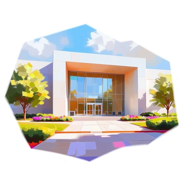 A modern judicial building located in Ohio features sleek glass architecture that reflects the surrounding environment. The structure has multiple floors, with large glass panels that allow natural light to flood the interior. Surrounding the building are well-maintained landscaped areas filled with various greenery, including small trees, shrubs, and vibrant flower beds. Pathways meander through the greenery, leading to the building's entrance, which is framed by elegant glass doors. The overall appearance is one of contemporary design harmoniously integrated with nature.