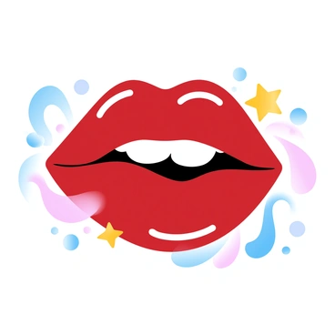 A pair of bold, red lips set against a bright background. The lips have thick outlines and are filled with a vibrant red color. Surrounding the lips are various colorful shapes, such as stars and circles, in shades of blue, yellow, and pink. The overall composition is dynamic, with a playful arrangement of bright colors that creates a striking visual effect.