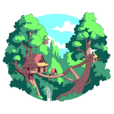 A panoramic view of enchanting treetops, with treehouses and bridges connecting them in the fantasy forest.