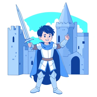 A young boy dressed in silver-and-blue knight armor is striking a heroic pose with a cardboard sword raised high. The armor features intricate embellishments that glint in the light. He stands confidently in front of a large stone castle backdrop, which has tall turrets and arched windows. The sky behind the castle is a vibrant blue, adding depth to the scene. The boy’s expression is one of determination and excitement, ready for an adventure.