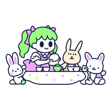 A chibi anime girl is sitting at a small round table set for a tea party. She has large expressive eyes and colorful hair styled in pigtails. She is wearing a frilly dress adorned with bows. Around the table, various cute stuffed animals are gathered, including a plush bunny, a bear, and a kitten, all with cheerful expressions. Each stuffed animal has its own tiny teacup in front of it, and the table is decorated with a small floral centerpiece. The girl is pouring tea from a teapot into one of the cups, smiling happily. The scene is filled with a playful and whimsical atmosphere.