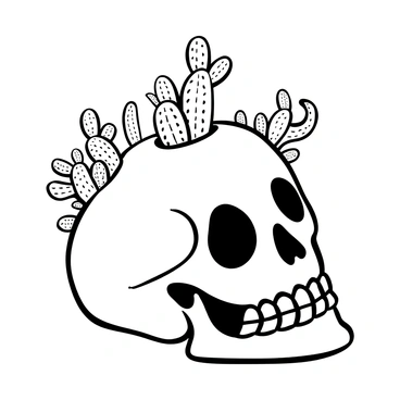 A detailed skull positioned centrally, with multiple small cacti emerging from various openings and crevices. Each cactus is distinct, showcasing different shapes and sizes. The surface of the skull is textured, emphasizing its contours and shadows. The cacti are dotted with tiny spines, and some are adorned with small flowers, adding variety to the composition. The entire scene is set against a simple backdrop that enhances the focus on the skull and plants.