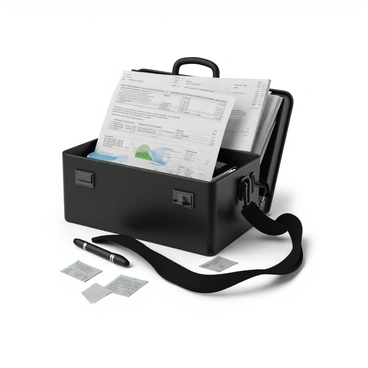A black leather briefcase lying on its side, with the flap wide open. Inside, assorted business receipts and documents are spilling out, some partially crumpled. The receipts have varying lengths and are printed in different fonts, featuring items purchased and amounts due. The documents are neatly stacked, with visible text and graphs on some pages. A pen is lying alongside the briefcase, and a few loose papers are scattered on the surface beneath it.