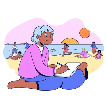 An artist is sitting on the sandy shore with a sketchbook propped on their lap. They are focused on drawing a beach scene with people enjoying a sunset. In the background, the sun is setting on the horizon, casting warm orange and pink hues across the sky. Silhouettes of several people can be seen, some walking along the shoreline, while others are lounging on beach towels. A few children are playing near the water's edge, splashing in the gentle waves. The artist, with a pencil in hand, captures the lively atmosphere on their page.