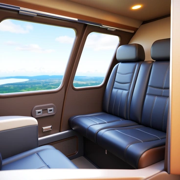 The interior of a private helicopter featuring plush leather seating with intricate stitching. The seating is arranged in a spacious layout, offering comfort and elegance. A large panoramic window extends along one side, providing an expansive view of the sky and landscape outside. Soft ambient lighting illuminates the cabin, highlighting the high-end finishes and materials used throughout the space. Stylish accents, such as polished metal and wood details, enhance the luxurious feel of the interior.