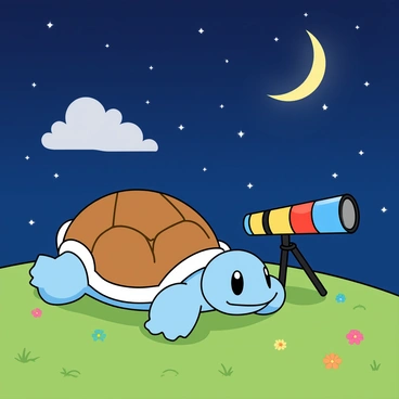 A cute Squirtle with a blue shell and light blue skin is lying on a grassy hill. The Squirtle has its small arms tucked under its body, and its big eyes are wide with wonder as it gazes at the night sky. Beside Squirtle is a colorful telescope, pointed towards the stars. The sky is filled with twinkling stars and a bright crescent moon. A few fluffy clouds are drifting across the scene, adding to the nighttime atmosphere. The hill is lush green with patches of colorful flowers scattered around, creating a whimsical environment.