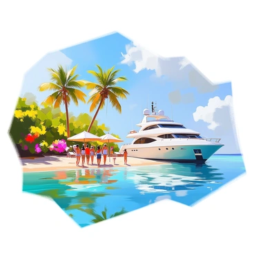 A luxurious yacht anchored elegantly near a tropical island, surrounded by crystal-clear turquoise waters. The yacht is white with sleek lines and has a sun deck filled with lounge chairs. Nearby, a group of passengers with sun hats and beachwear are exploring the lush green coastline, some walking along the sandy beach while others take photographs of the vibrant flora. The island features tall palm trees swaying gently in the breeze, and colorful flowers dot the landscape, adding to the tropical ambiance. In the background, a clear blue sky stretches above, with a few fluffy white clouds.