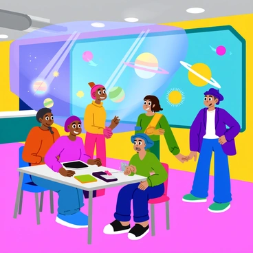 An alien school featuring a classroom filled with diverse extraterrestrial students of various shapes and colors. Each student is engaged in learning about the universe by interacting with large, colorful holographic displays that project stars, planets, and galaxies around them. The classroom's walls are adorned with vibrant murals depicting different celestial bodies and cosmic phenomena. The atmosphere is bright and lively, with beams of light highlighting the curiosity and excitement on the students' faces as they explore the wonders of space.