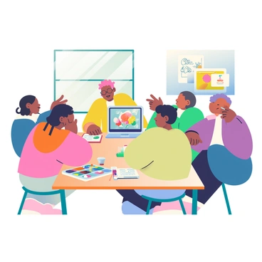 A group of illustrators is gathered around a large wooden table, engaged in a discussion about digital art tools and traditional art supplies. On the table, there are various items displayed. There is a sleek digital tablet with a stylus next to a colorful palette of paints and a set of brushes. A laptop is open, showcasing a vibrant digital artwork on the screen. Surrounding these tools, there are traditional sketchbooks filled with pencil drawings and finished pieces. The illustrators, with diverse appearances, are pointing at the tools while exchanging ideas. Bright sunlight streams in through a nearby window, illuminating the scene and highlighting the textures of the art supplies.