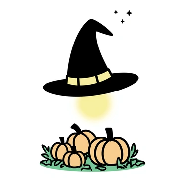 A black witch's hat, with a wide brim and a pointed top, is floating above a patch of orange pumpkins. The pumpkins vary in size, some large and round while others are smaller and slightly misshapen. The ground is covered in green vines and leaves, creating a natural setting for the pumpkins. The hat appears to glow softly, as if imbued with magic, casting a slight shadow on the pumpkins below.