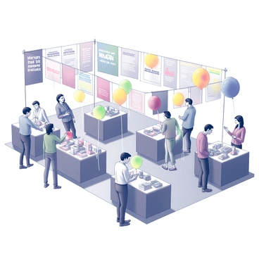 A bustling promotional event filled with excitement and activity. Numerous colorful banners hang overhead, displaying various promotional messages. Brightly colored balloons are strategically placed throughout the area, creating a festive atmosphere. Several product display tables are arranged in an organized fashion, showcasing merchandise prominently. Customers, engaged in conversation, are seen browsing the displays and examining the products. The scene captures the animated interactions and energy of the event.