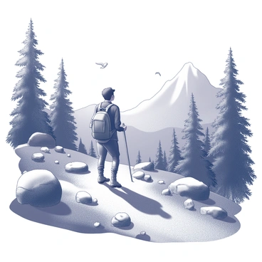 A person is hiking along a scenic trail surrounded by trees, mountains, and natural vegetation. The individual is dressed in hiking gear, with a backpack secured on their back. Their posture reflects a sense of calm as they gaze at the landscape, deep in thought. The path is uneven, with rocks and roots visible, guiding them deeper into the wilderness. Sunlight filters through the leaves, creating dappled patterns on the ground. A few birds can be seen flying in the distance, adding to the sense of tranquility in nature.