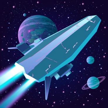 A massive spacecraft with sleek, angular designs is soaring through a vast, starry galaxy. The hull of the spacecraft is adorned with glowing lines and intricate patterns, reflecting the light from distant stars. In the background, numerous planets of varying sizes and colors are visible, some with rings and others with lush green surfaces. The galaxy is filled with vibrant clusters of stars, creating a stunning celestial backdrop for the scene. The spacecraft is emitting a trail of luminescent energy, adding to the sense of motion and speed.